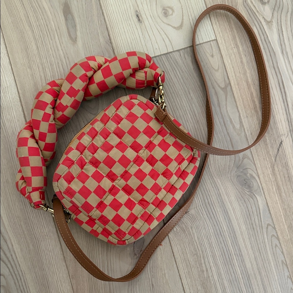 CLARE V Red & Beige Checkered Quilted Crossbody Bag